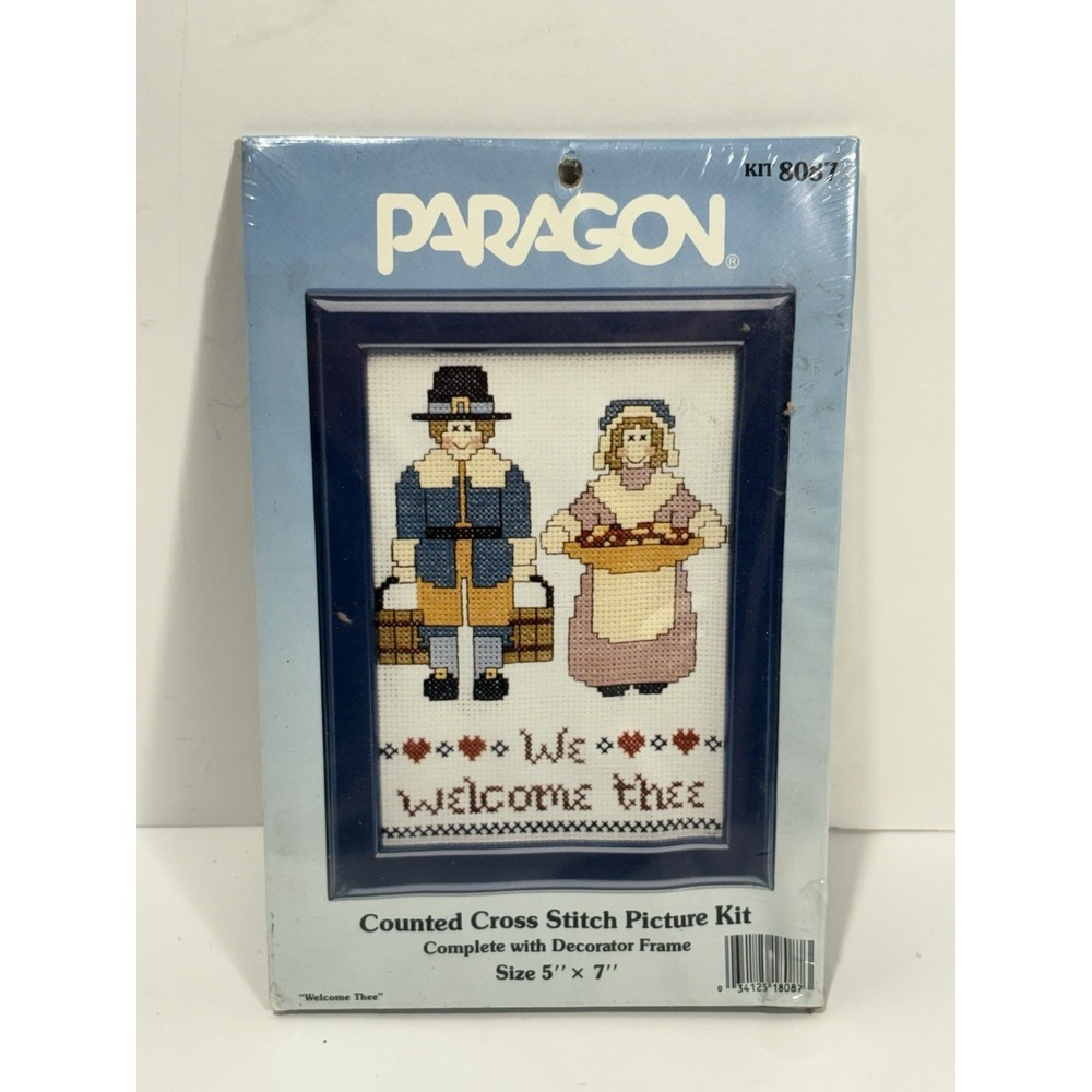 Paragon Counted Cross Stitch Kit WELCOME THEE Thanksgiving Pilgrims‎ Frame  1986